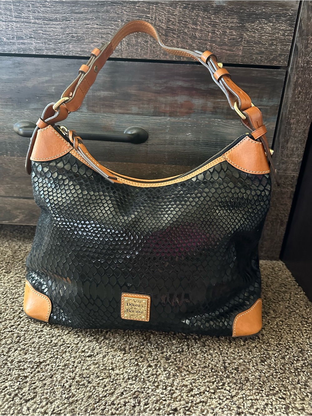 Dooney & Bourke Black Textured Hobo with Tan Leather Trim and Wristlet - Picture 2 of 13